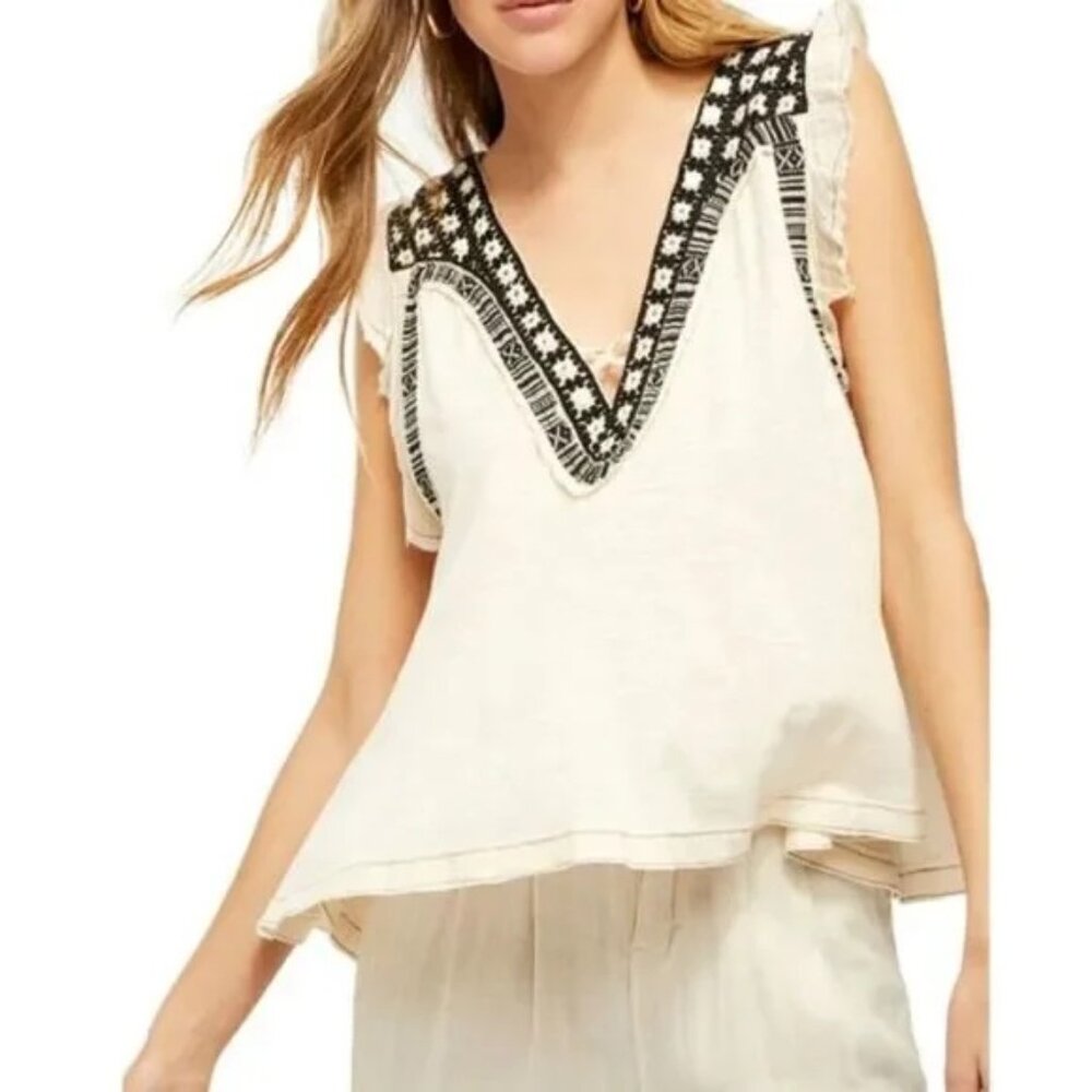 Free People Market Place V-neck sleeveless boho top in ecru and black